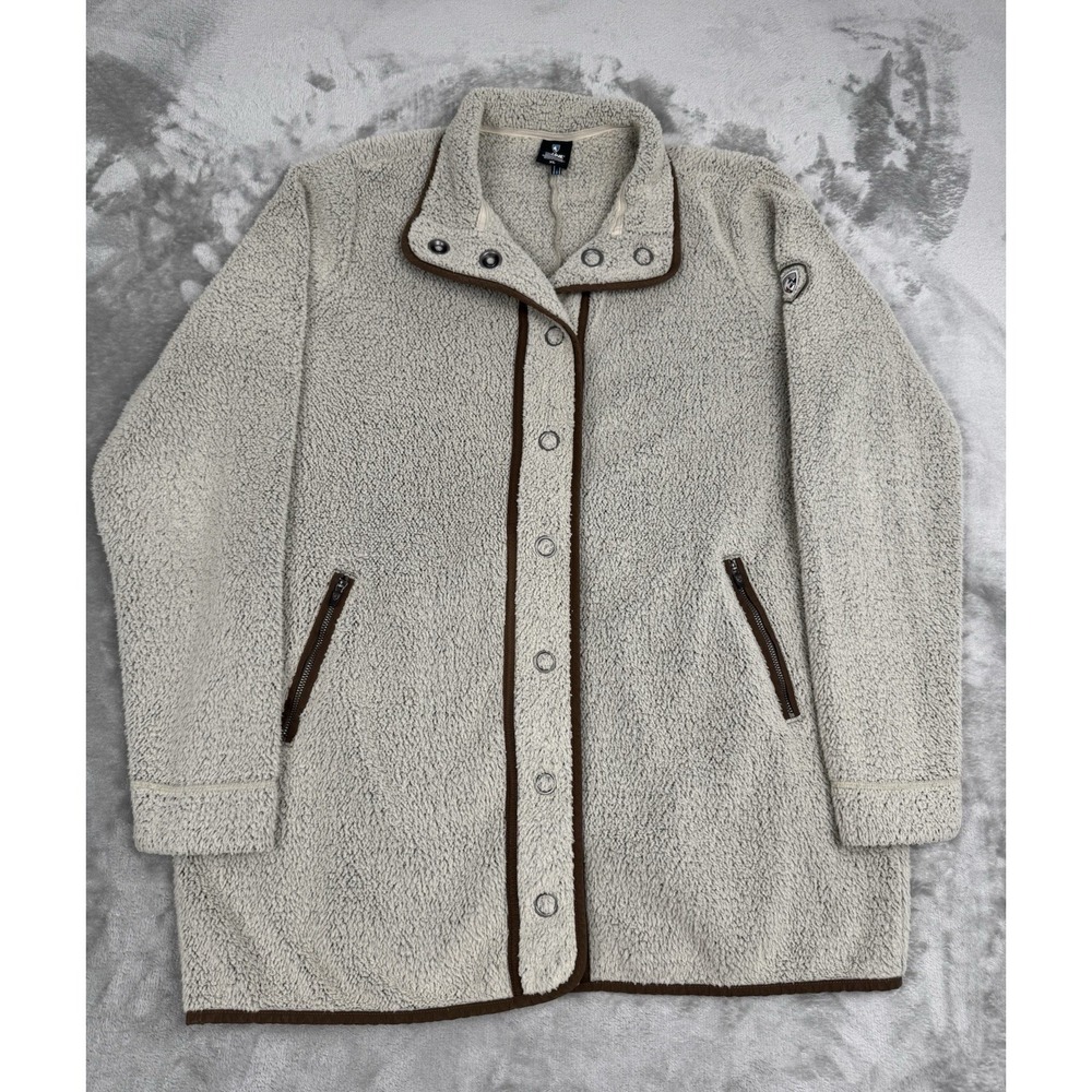 KUHL Clifton Snap‎ Fleece Jacket XL Beige Long Overcoat Hiking Outdoors Light